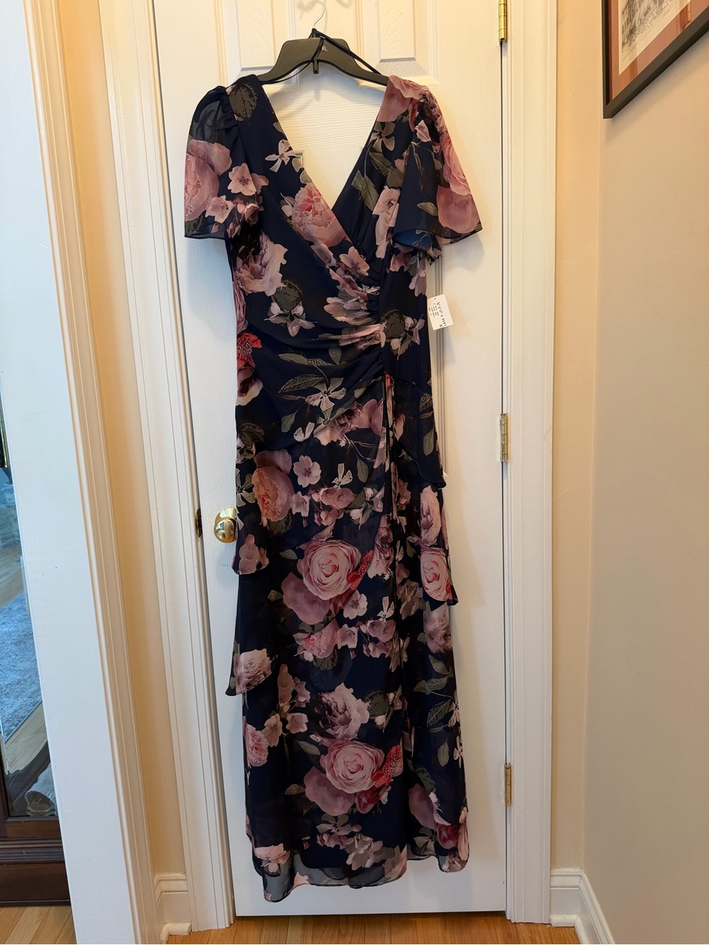 Xscape Navy Floral Wrap Maxi Dress with Pink Roses